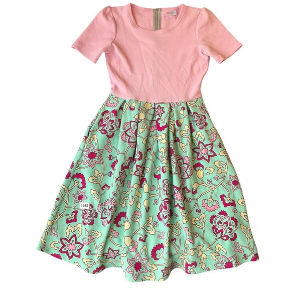 Lularoe Women’s Short Sleeve Screw Neck Knee Length Dress size XS, Pink & green - Picture 1 of 10